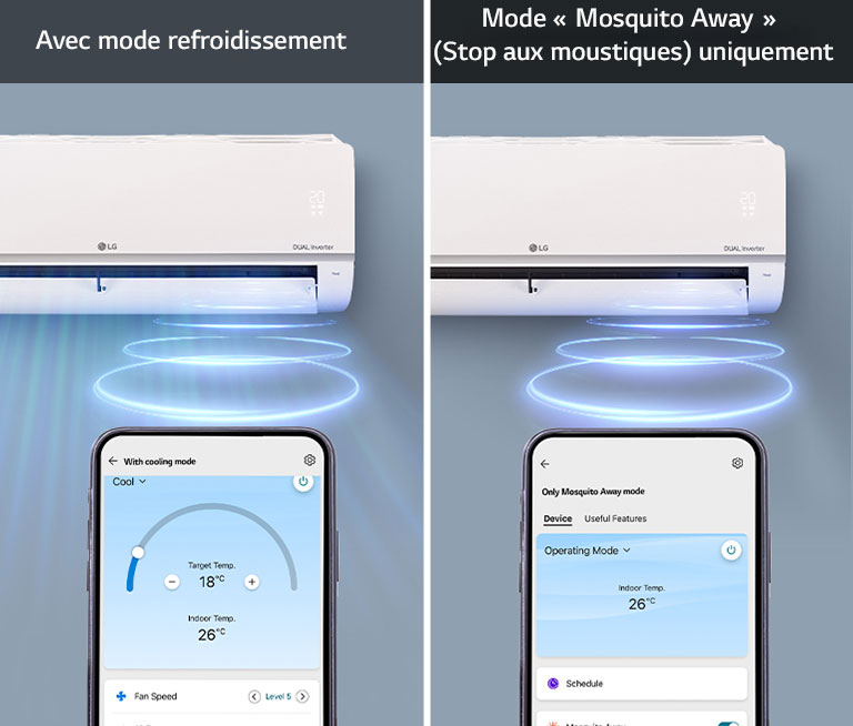 Comparaison entre la possibilité d'utiliser le mode refroidissement avec la fonction « Mosquito Away » et d’utiliser uniquement le mode « Mosquito Away ».