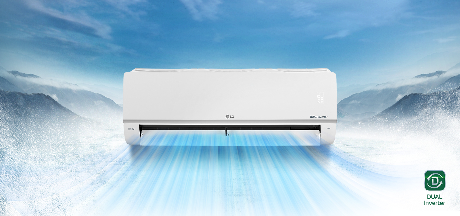 Climatiseur avec un flux d'air frais sur fond de montagne enneigée.