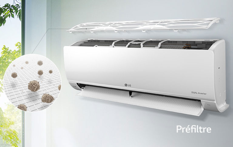 Climatiseur avec filtre ouvert, et coupe de détail de la poussière filtrée