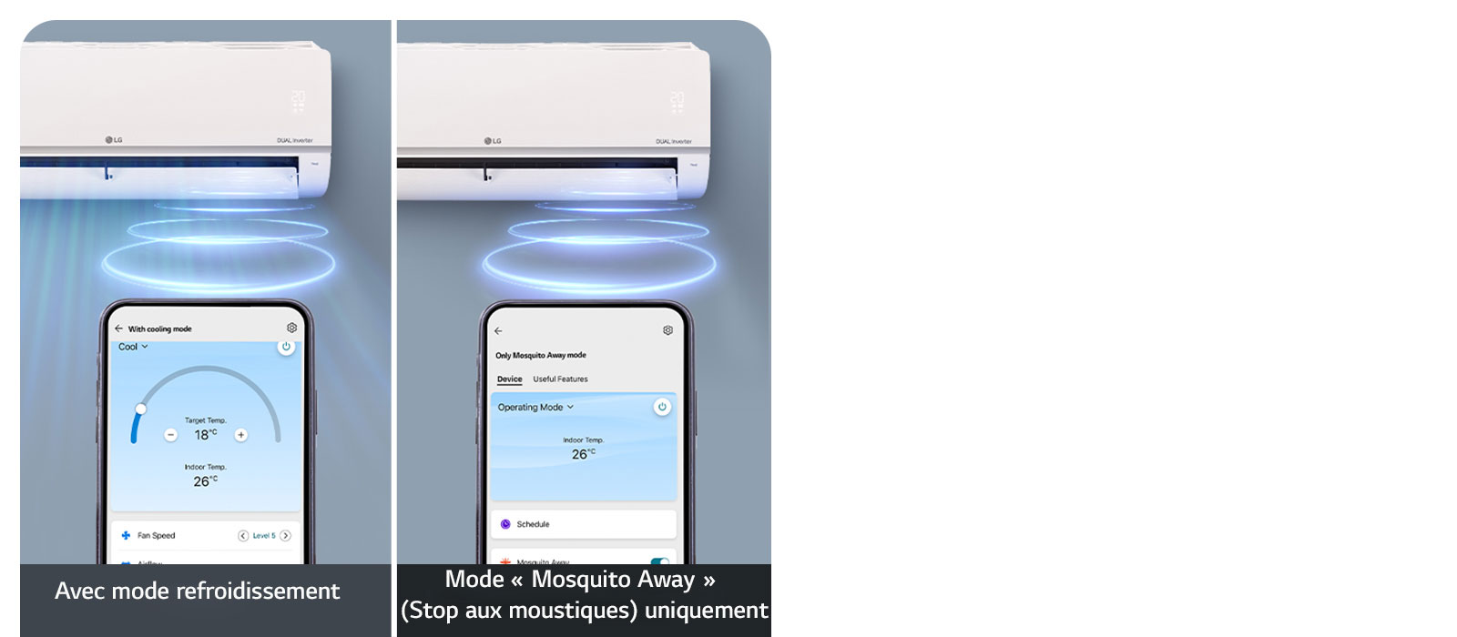 Comparison between the possibility of using the cooling mode with the "Mosquito Away" function and using only the "Mosquito Away" mode.