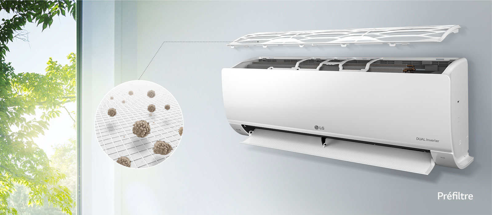 Air conditioner with open filter, and detail cut of filtered dust