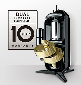 Vue interne 3D d’un DUAL Inverter Compressor à côté d’un badge de «&nbsp;garantie de 10 ans&nbsp;» pour plus de fiabilité.