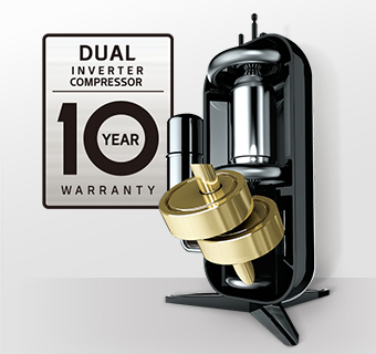 Vue interne 3D d’un DUAL Inverter Compressor à côté d’un badge de «&nbsp;garantie de 10 ans&nbsp;» pour plus de fiabilité.