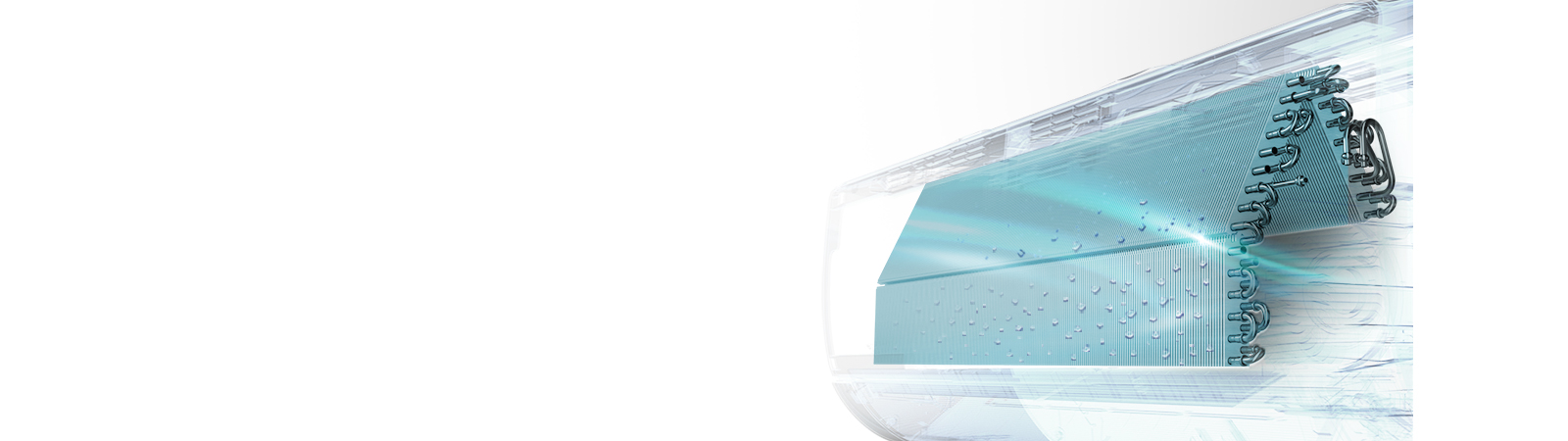 Une vue transparente de l’évaporateur interne d’une unité de climatisation séchée par Auto Clean+ pour éliminer l’humidité et la garder fraîche.