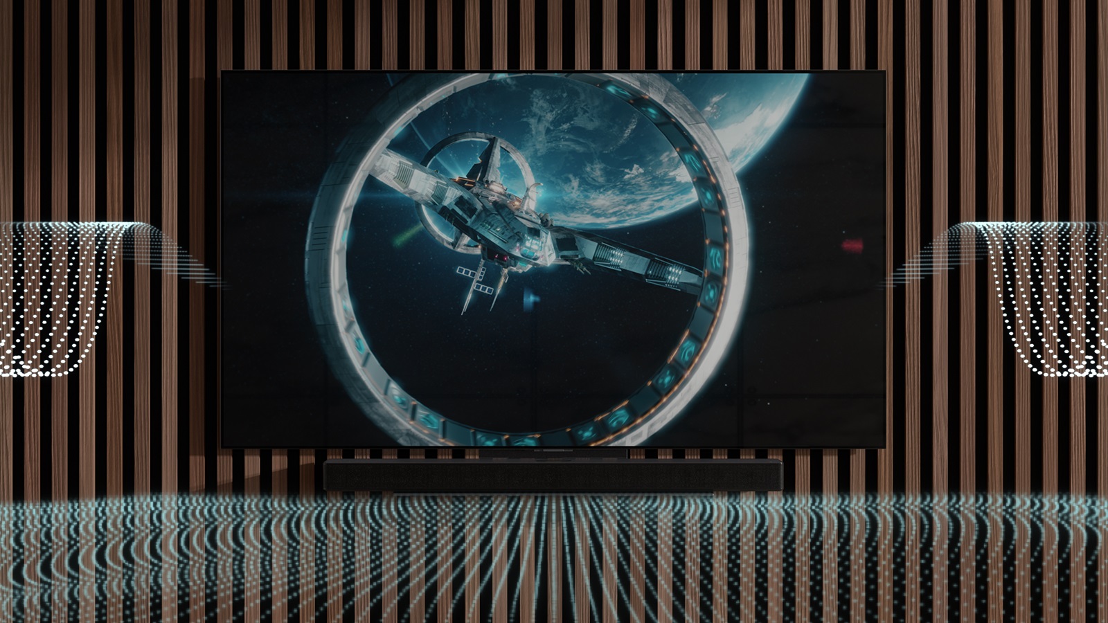 Des ondes sonores bleues de formes variées sont émises par la barre de son et le téléviseur.