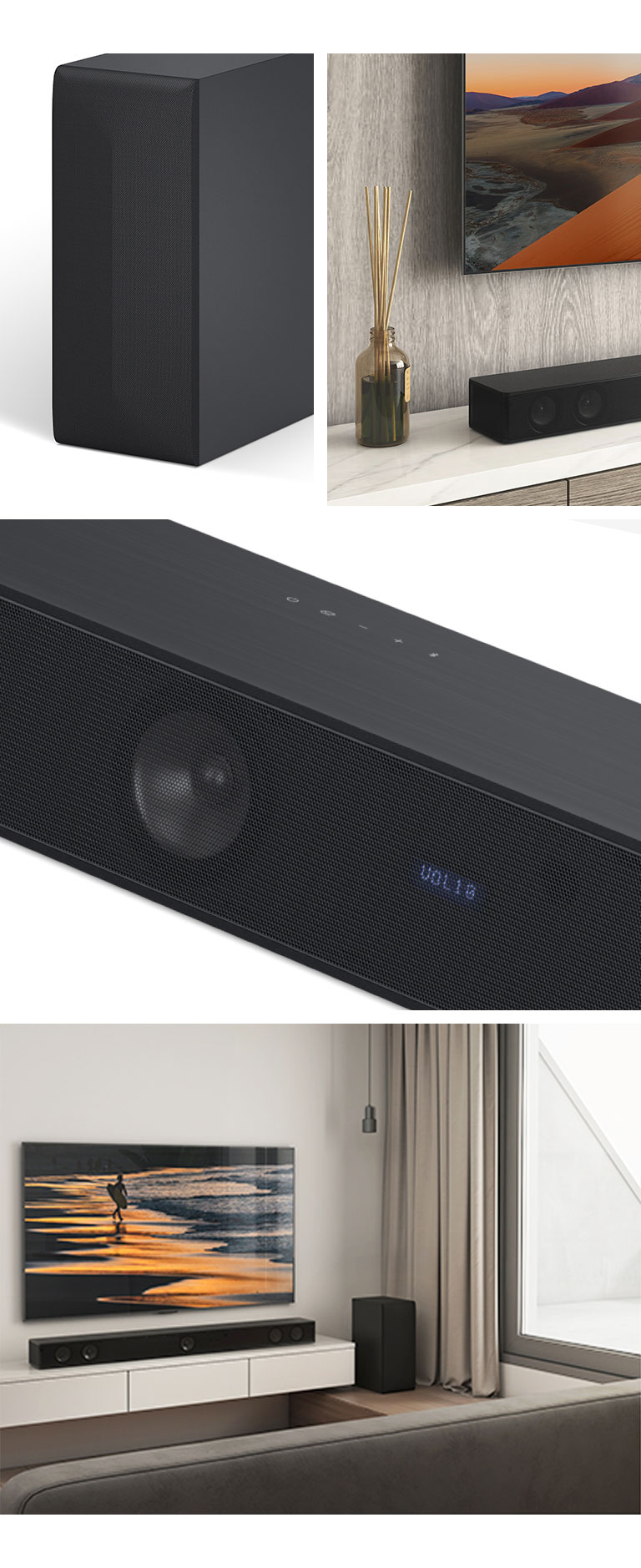 De gauche à droite, une image du caisson de basses, gros plan sur le téléviseur LG, affichant un montagne sur l’écran du téléviseur et la barre de son LG en dessous. À droite, de haut en bas : gros plan sur la barre de son LG. Un téléviseur LG montrant un coucher du soleil sur une plage, une barre de son LG et un caisson de basses installés dans un salon.