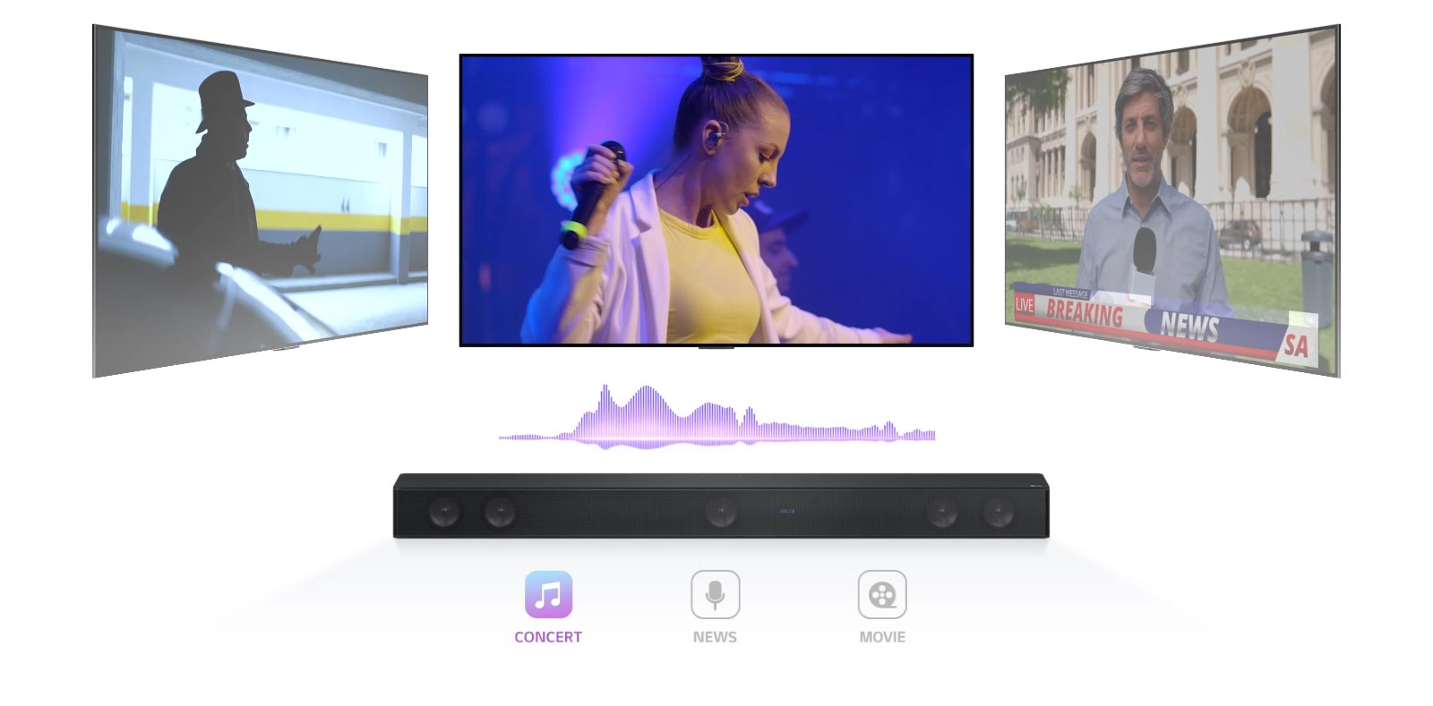 La télévision diffuse un concert, la chaîne passe à un bulletin d’informations et un présentateur parle, puis la chaîne passe à nouveau à une scène de film. La barre de son LG se trouve juste en dessous du téléviseur dans l’espace infini. Reproduisez la vidéo.