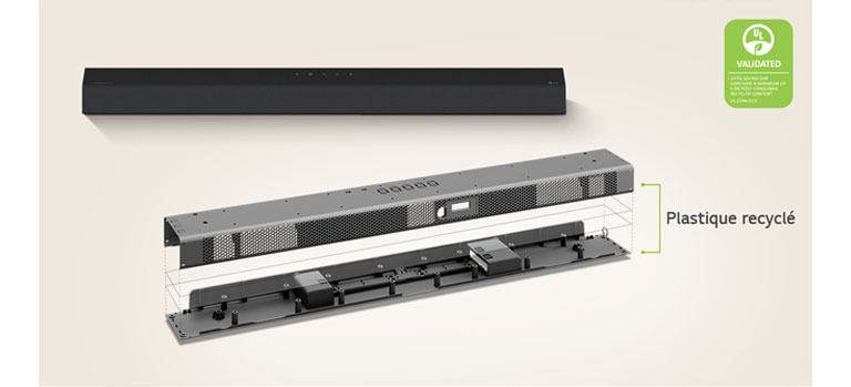 On peut voir une vue de face de la barre de son à l’arrière et une image du cadre métallique de la barre de son à l’avant.