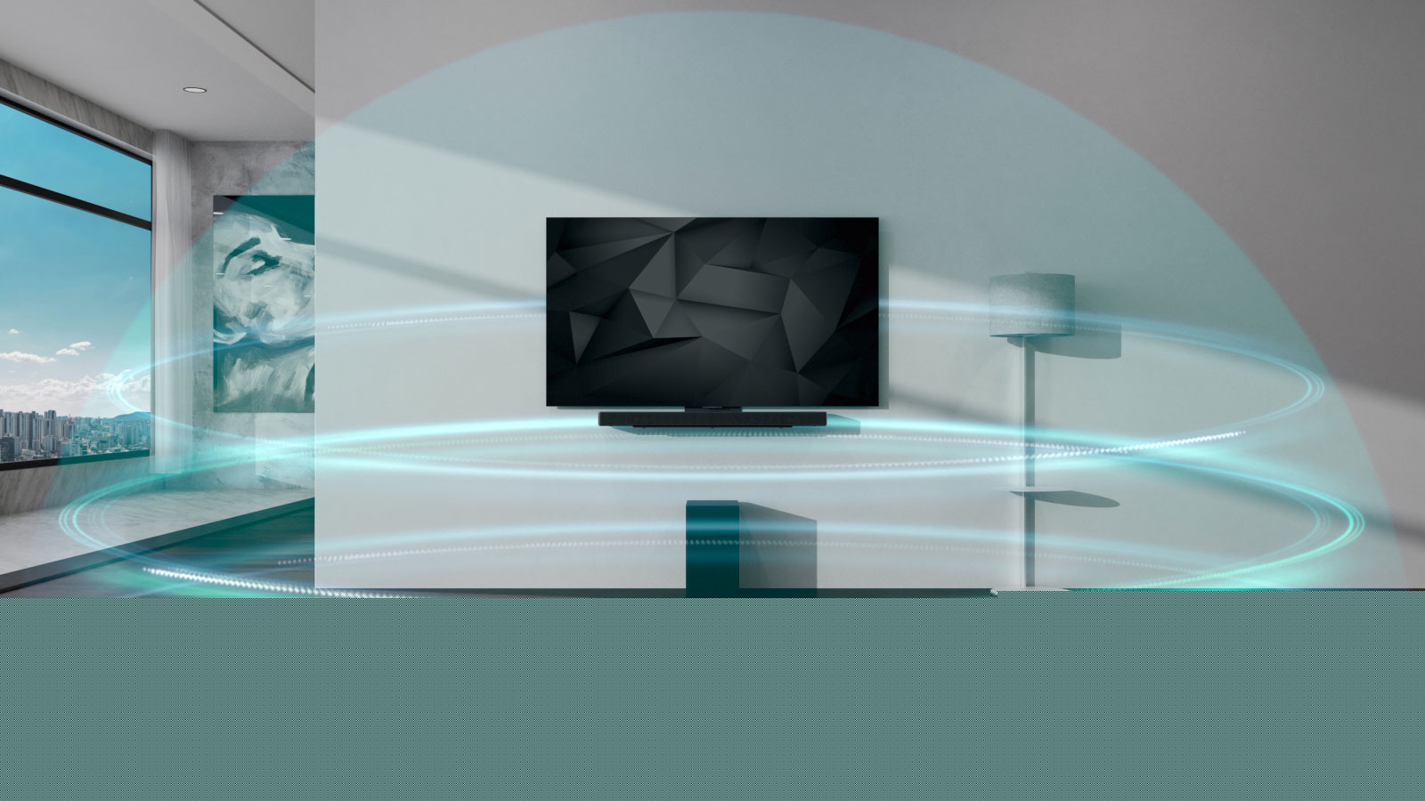 LG SC9S Des ondes sonores en forme de dôme bleu à trois couches recouvrent la barre de son et la télévision accrochées au mur du salon.