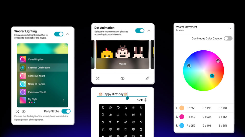Capture d’écran de l'application LG XBOOM. Vous pouvez personnaliser les éclairages via l’application.