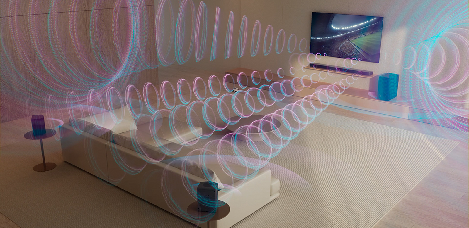 Des ondes sonores virtuelles sortent simultanément de la LG TV, de la LG Soundbar, de ses enceintes arrière et de son caisson de basses, et remplissent l’espace.
