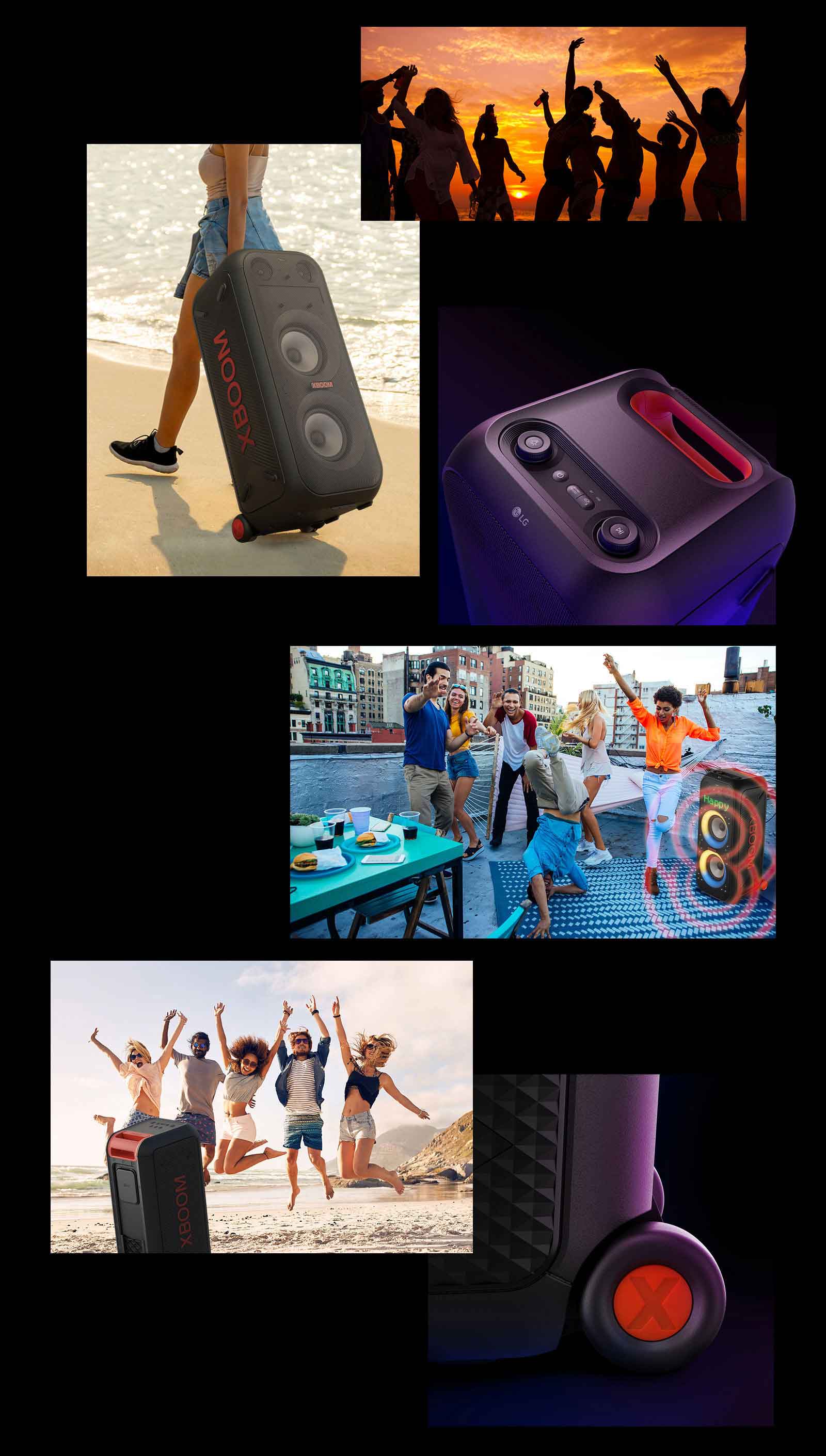 Illustrated images of LG XBOOM XL9T. From the top, shillouet of people, with the telescopic handle and wheels woman carrys the speaker easily. Top view of the speaker and telescopic handle. People are enjoying rooftop party, two LG XBOOM XL9T with sound graphics are placed behind. Back view of the speaker and people are juming on the beach, close-up of the wheel.