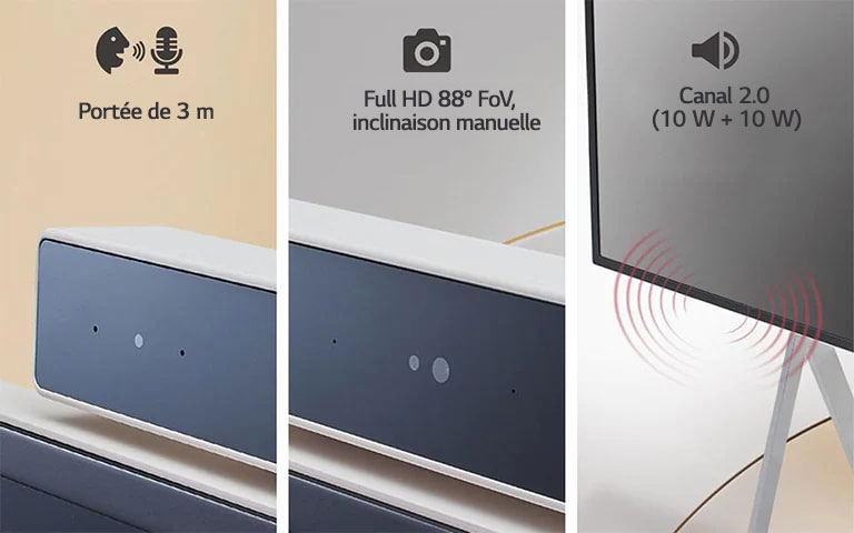 Images en gros plan du microphone intégré, de l’appareil photo et du haut-parleur présentant leurs caractéristiques.