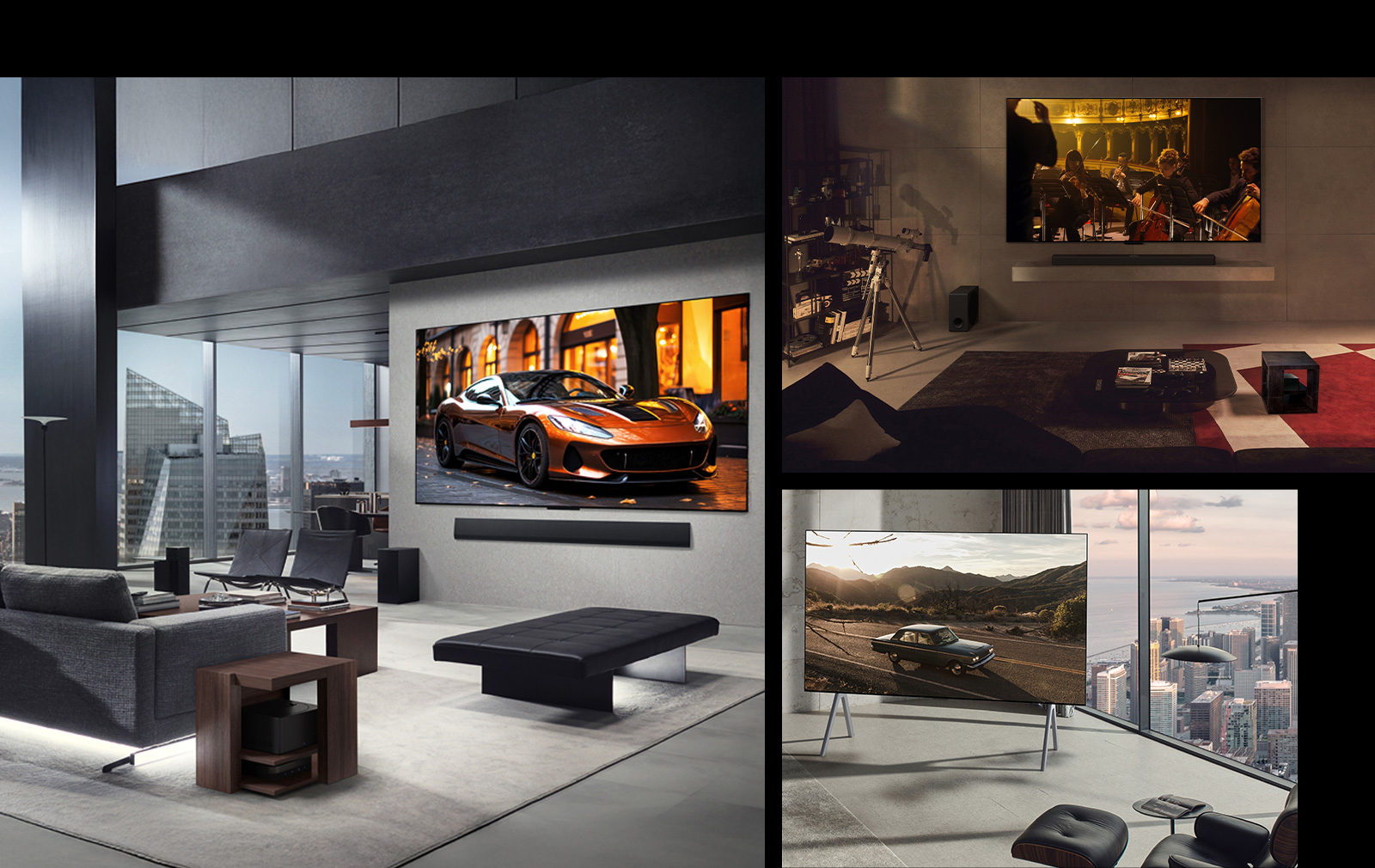 Trois salons différents avec une TV LG True Wireless montrant à quel point l’espace est sans encombrement sans avoir besoin de câbles. Le boîtier Zero Connect est également dissimulé quelque part, presque invisible. 