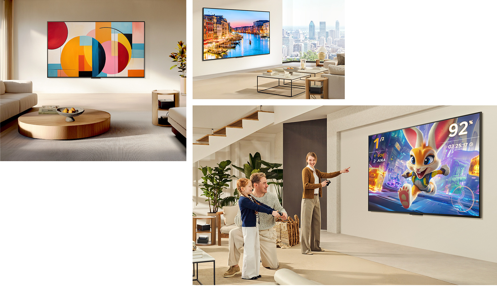 Ensemble de différents espaces de vie dotés d’une TV LG True Wireless QNED. Tous ces espaces sont visuellement propres et pas encombrés. Sur les écrans de TV, on voit différentes œuvres d’art qui donnent à la TV l’impression d’être un magnifique ajout à l’espace. Le boîtier Zero Connect et d’autres périphériques sont placés sur une petite table latérale et peuvent à peine être remarqués.