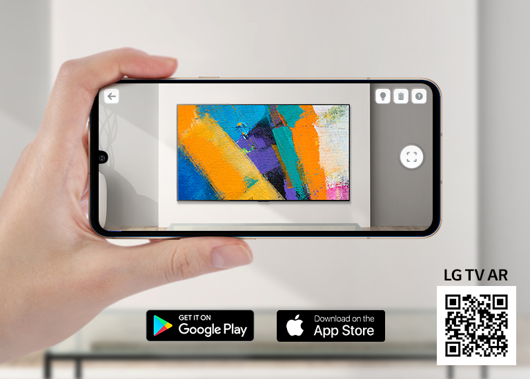 Une personne utilisant l’appli LG TV AR sur un téléphone et un QR code qui dirige vers LG TV AR (http://www.lgtvism.com/lgtvar)
