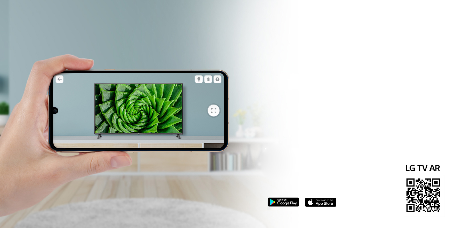 A person using LG TV AR app on a phone and a QR code which links to LG TV AR (http://www.lgtvism.com/lgtvar)