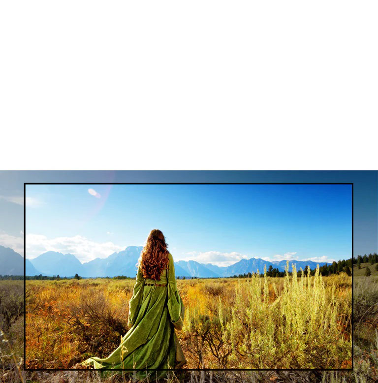 Un écran du téléviseur montrant une scène d’un film fantastique présentant une femme debout dans les champs face aux montagnes.