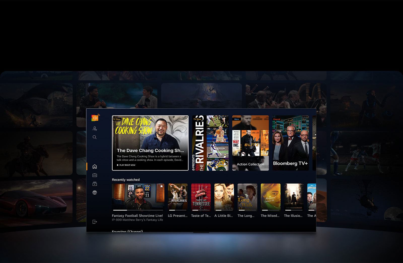 Un téléviseur LG au premier plan montrant une sélection de vignettes de films et séries télé. Les textes « Action Collection », « Bloomberg TV+ » et « Récemment regardé » figurent dans l’image. L’espace devant le téléviseur est légèrement illuminé, comme si la lumière provenait du téléviseur. Derrière le téléviseur, dans l’obscurité, se trouvent d’autres vignettes de films et d’émissions de télévision.