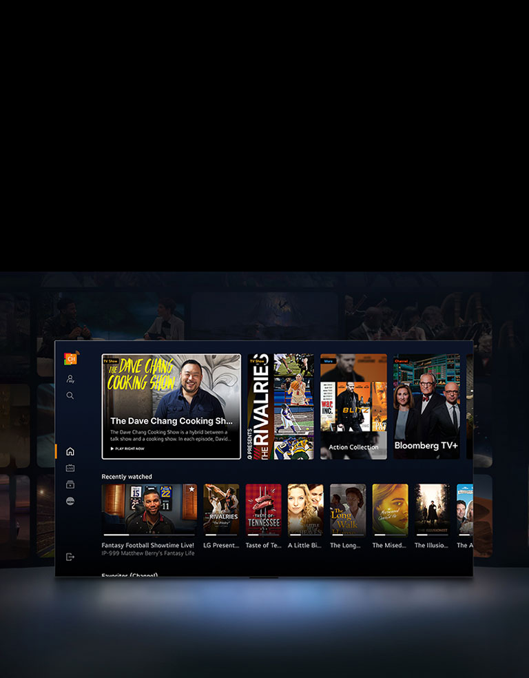 Un téléviseur LG au premier plan montrant une sélection de vignettes de films et séries télé. Les textes « Action Collection », « Bloomberg TV+ » et « Récemment regardé » figurent dans l’image. L’espace devant le téléviseur est légèrement illuminé, comme si la lumière provenait du téléviseur. Derrière le téléviseur, dans l’obscurité, se trouvent d’autres vignettes de films et d’émissions de télévision.
