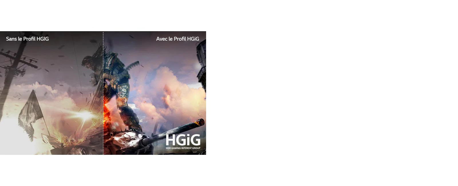 Une scène de jeu, la moitié diffusée sur un téléviseur LCD/LED avec une mauvaise qualité d’image, et l’autre moitié diffusée sur un téléviseur LG OLED avec une qualité d’image nette et éclatante