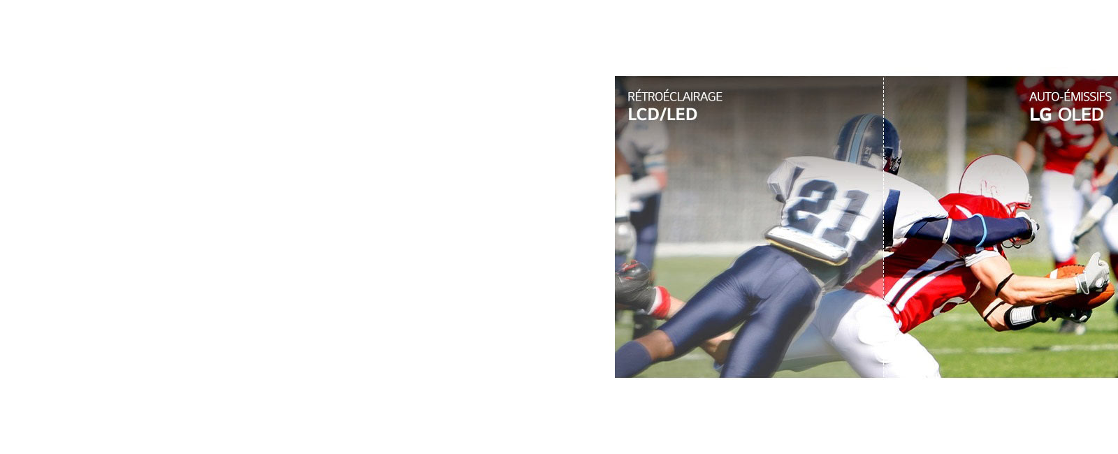 Une scène de match de football, la moitié diffusée sur un téléviseur LCD/LED avec une qualité d’image floue, et l’autre moitié diffusée sur un téléviseur OLED de LG avec une qualité d’image claire