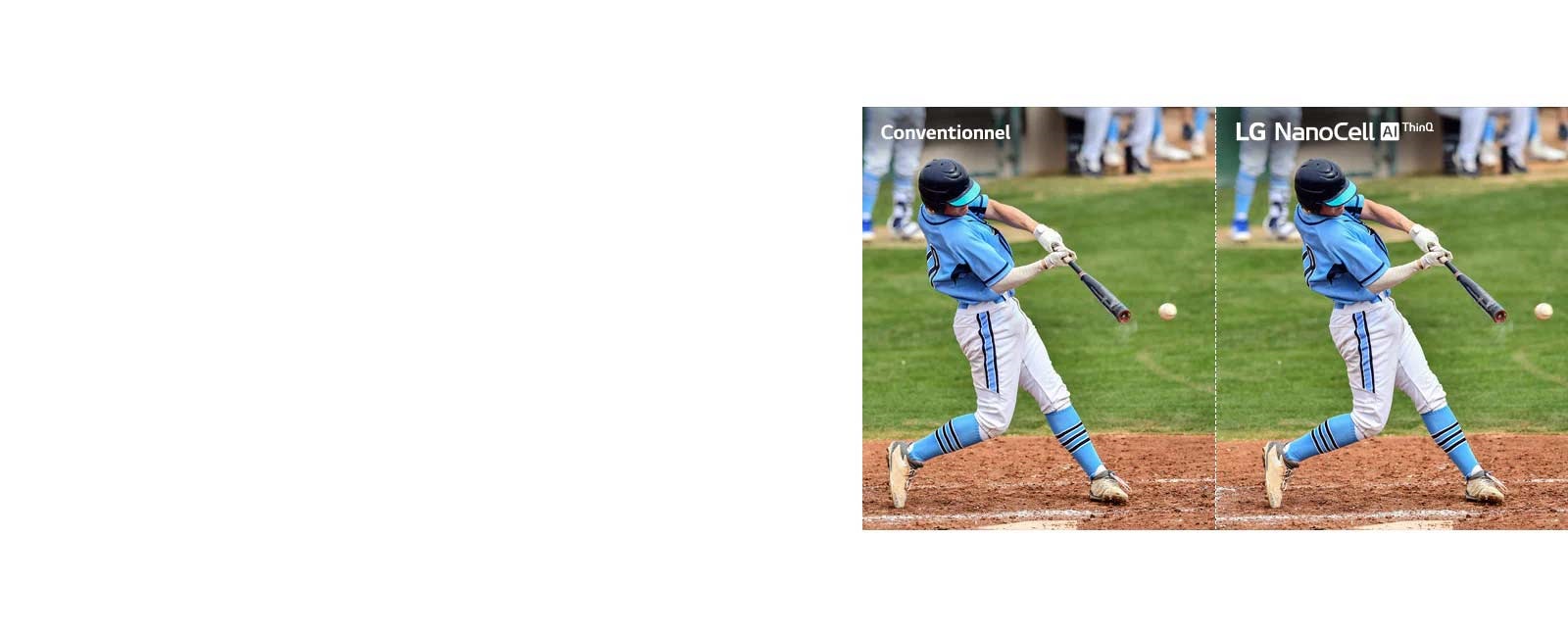 Une scène de match de football, la moitié diffusée sur un téléviseur LCD/LED classique avec une qualité d’image floue, et l’autre moitié diffusée sur un téléviseur NanoCell de LG avec une qualité d’image claire
