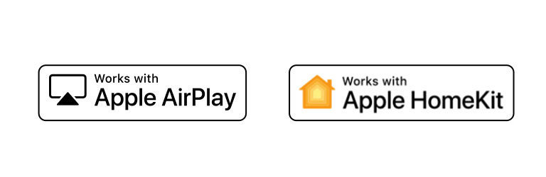 Détails montrant les logos de Hey Google, Alexa, Apple Airplay et Apple HomeKit avec lesquels ThinQ AI est compatible.