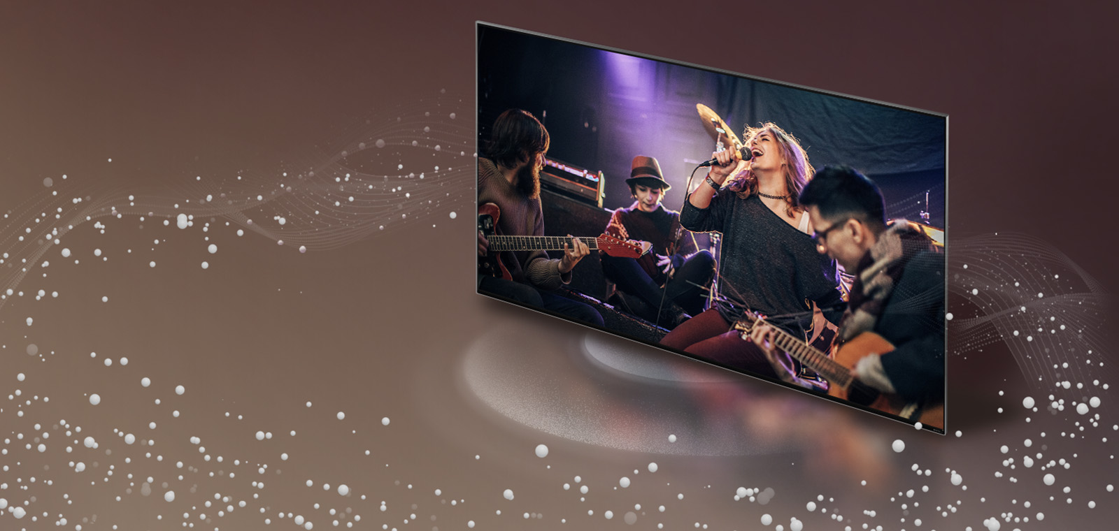 Téléviseur LG avec des bulles et des vagues sonores qui sortent de l’écran et remplissent l’espace.