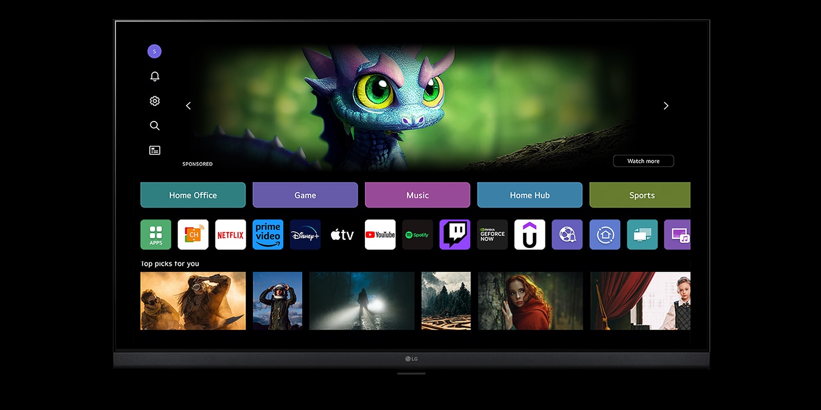 L’écran d’accueil de webOS avec un curseur clique sur l’initiale dans le coin supérieur gauche et passe à un autre profil.
