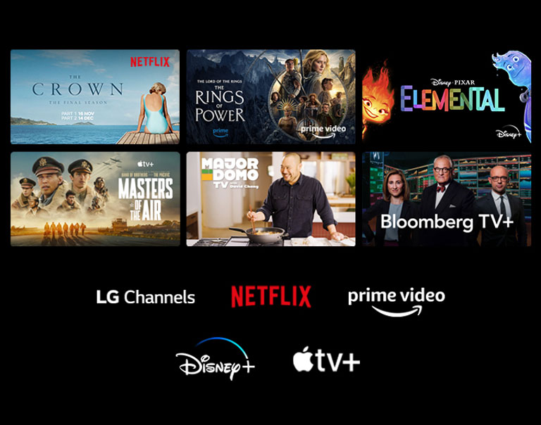 Six vignettes de films et émissions TV s’affichent et les logos des chaînes LG, Netflix, Prime Video, Disney+ et Apple TV+ figurent en dessous.