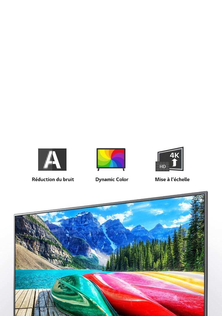 Icones des fonctions Réduction du bruit, Dynamic color et Mise à l’échelle, et écran de télévision présentant une vue panoramique des montagnes, de la forêt et d’un lac.