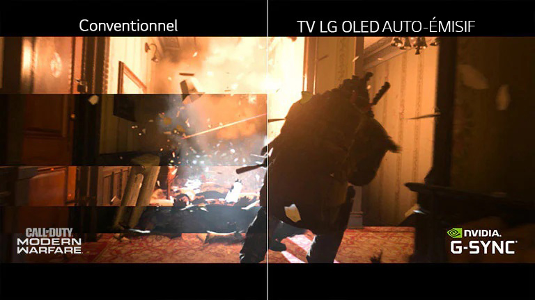 Une scène de jeu diffusée sur un téléviseur classique avec déchirement et une autre moitié de scène diffusée sur un téléviseur OLED de LG sans déchirement