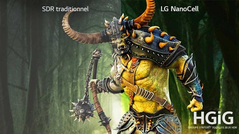 Une moitié de scène de jeu avec un monstre diffusée sur un téléviseur classique et une autre moitié sur un téléviseur LG NanoCell avec HDR