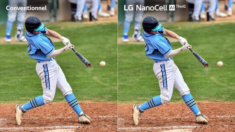 Une scène de match de football, la moitié diffusée sur un téléviseur LCD/LED classique avec une qualité d’image floue, et l’autre moitié diffusée sur un téléviseur NanoCell de LG avec une qualité d’image claire