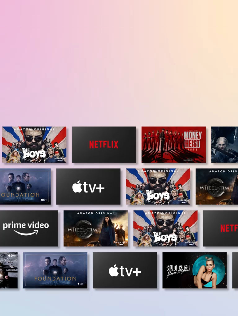Des rangées de contenu OTT défilent latéralement tout en affichant le logo du fournisseur OTT et les vignettes du contenu proposé.