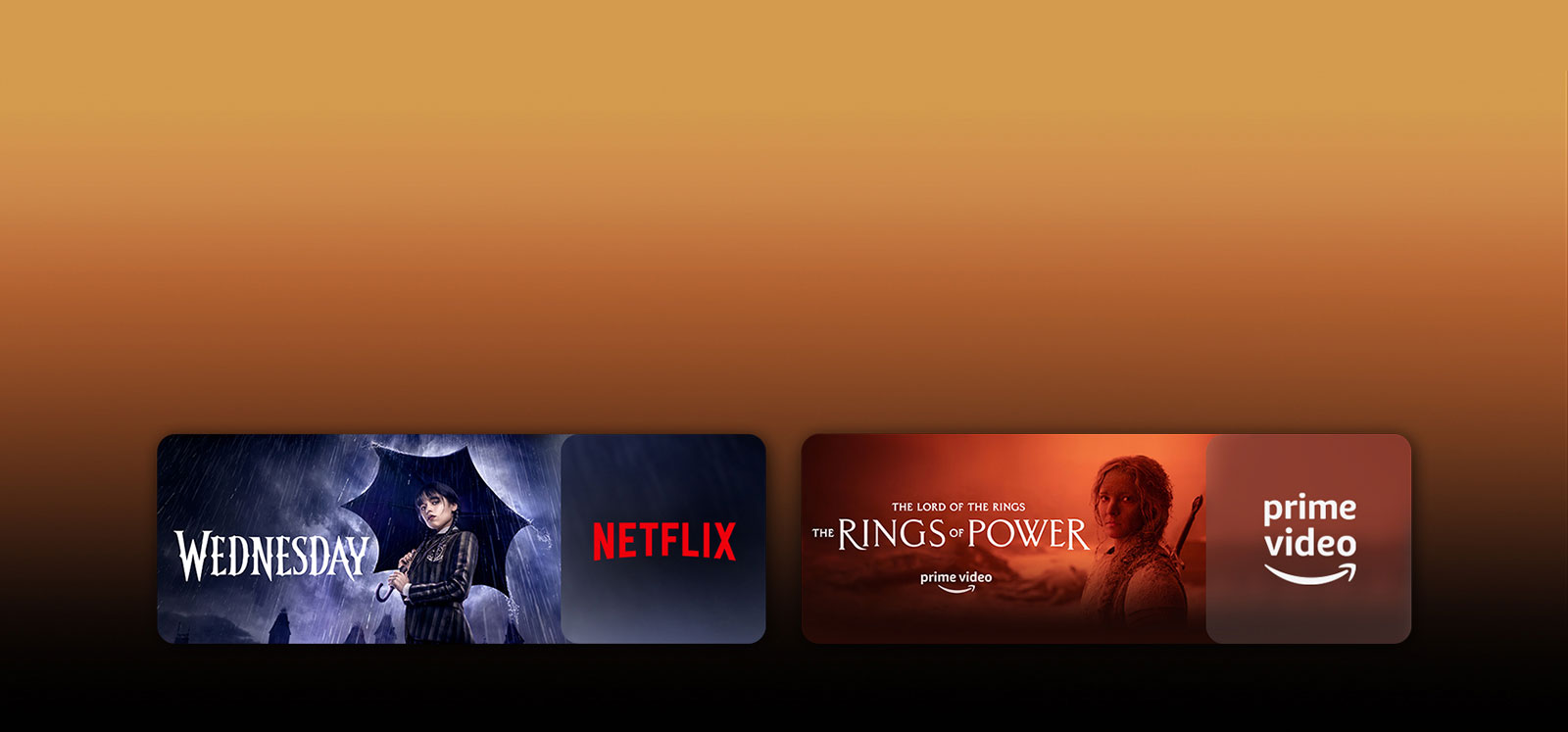 Les logos de plateformes de services de streaming et les séquences correspondantes se trouvent juste à côté de chaque logo. On peut voir des images de Mercredi sur Netflix et du Seigneur des Anneaux&nbsp;: Les Anneaux de Pouvoir sur PRIME VIDEO.