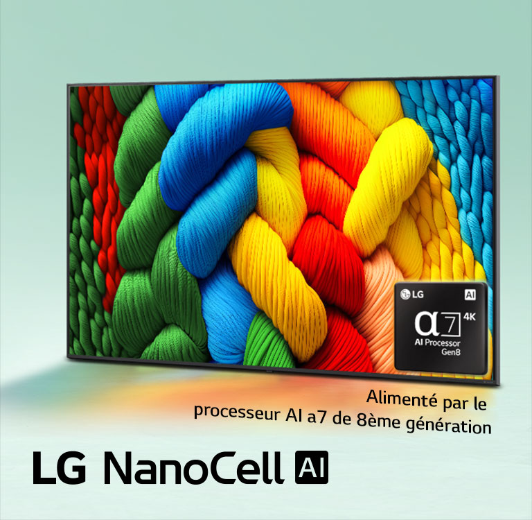 La LG NanoCell TV est légèrement inclinée vers la gauche et représente des fils colorés. Le logo processeur alpha 7 AI de 8ème génération est situé dans le coin inférieur droit de la TV. L’arrière-plan est un léger dégradé bleu sarcelle. Le logo de LG NanoCell AI se trouve dans le coin en bas à gauche. Le texte est également visible, alimenté par le processeur alpha 7 AI de 8ème génération.