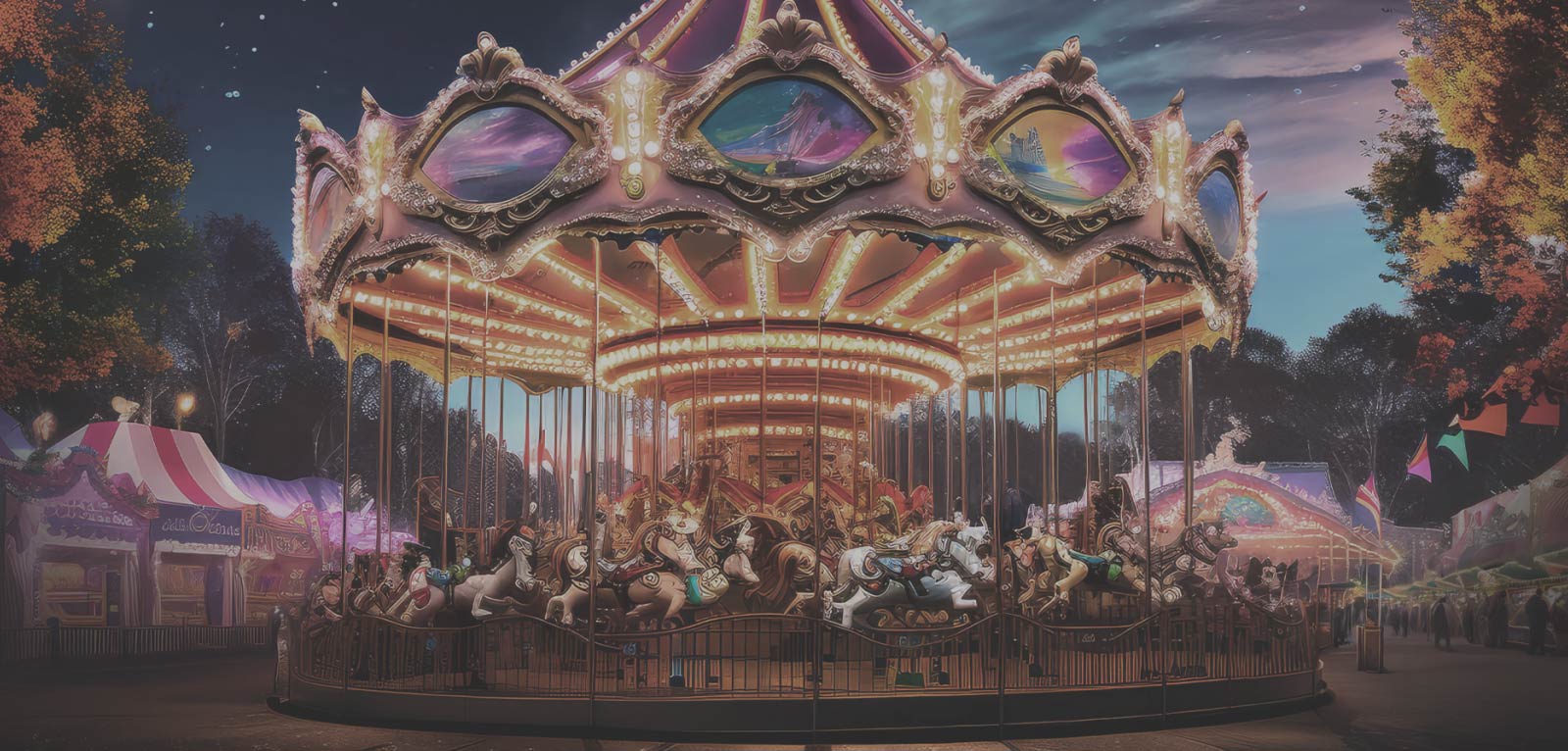Un carrousel terne est lavé avec une vague de couleurs, ce qui permet une visualisation plus nette d’un carrousel coloré et lumineux. 