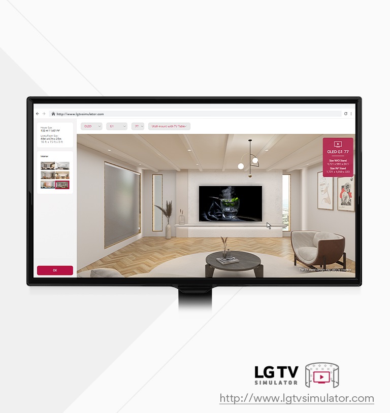 Ceci est une image explicative d’un simulateur qui vous permet de placer tous les modèles de téléviseurs LG dans un espace virtuel.