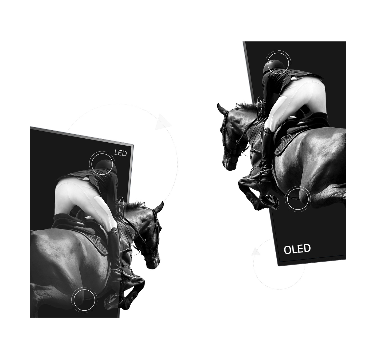 Une scène d’une promenade à cheval avec une moitié sur un écran LED présentant un mauvais contraste et l’autre sur un écran OLED affichant un contraste infini (lire la vidéo)