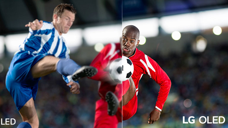 Uma cena de uma partida de futebol é dividida em duas para permitir uma comparação visual. Na imagem está a menção LCD/LED no canto inferior esquerdo e o logotipo LG OLED na parte inferior direita