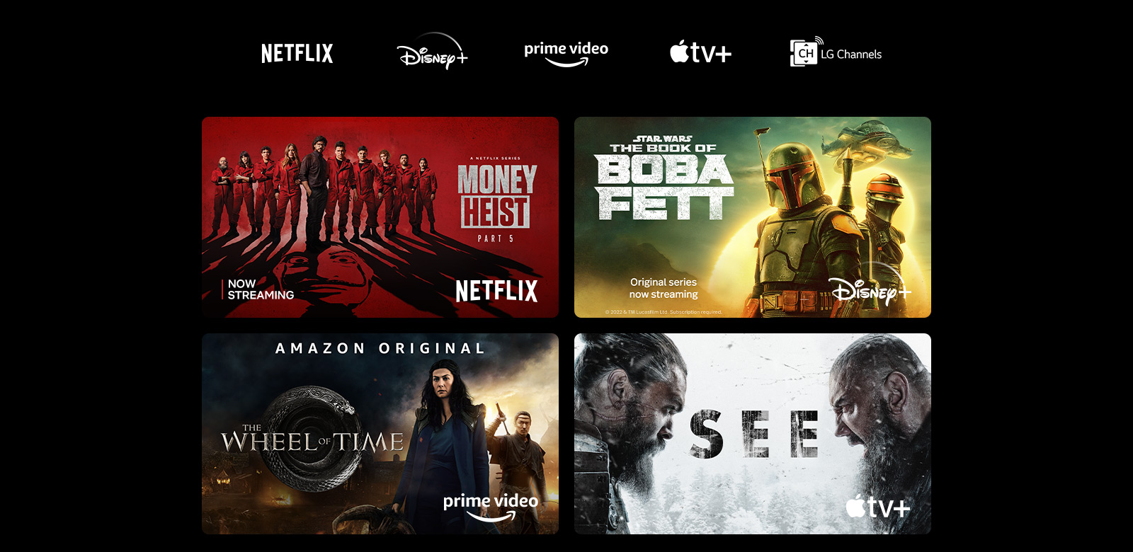 Un poster de Money Heist de Netflix, The Book of Boba Fett de Disney Plus, The Wheel of Time de Prime Video, vu à partir d’Apple TV Plus.