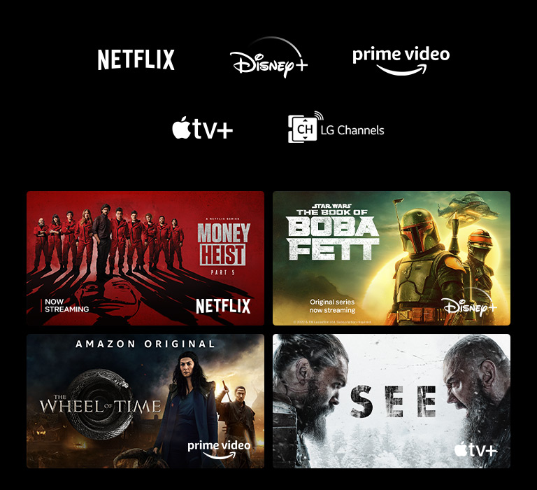 Un poster de Money Heist de Netflix, The Book of Boba Fett de Disney Plus, The Wheel of Time de Prime Video, vu à partir d’Apple TV Plus.