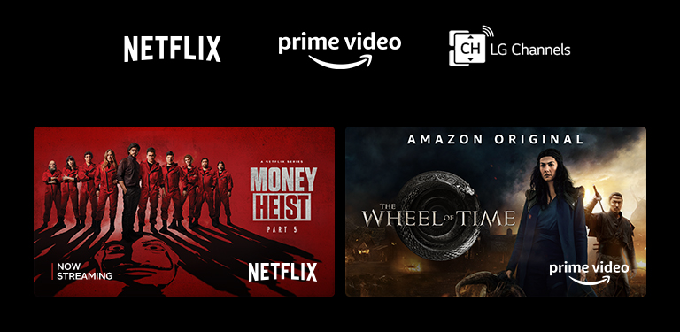 Affiche de Money Heist sur Netflix, Le Livre de Boba Fett sur Disney Plus, La Roue du temps sur Prime Video et See sur Apple TV Plus.