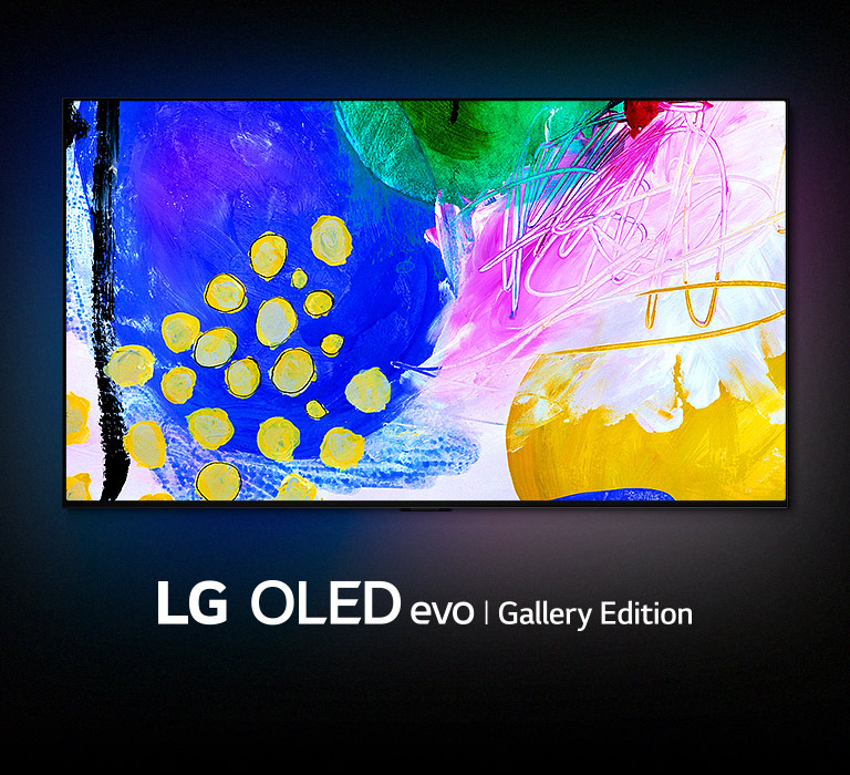 LG OLED G2는 화면에 다채로운 추상 예술 작품이있는 어두운 방에 있으며 아래의 