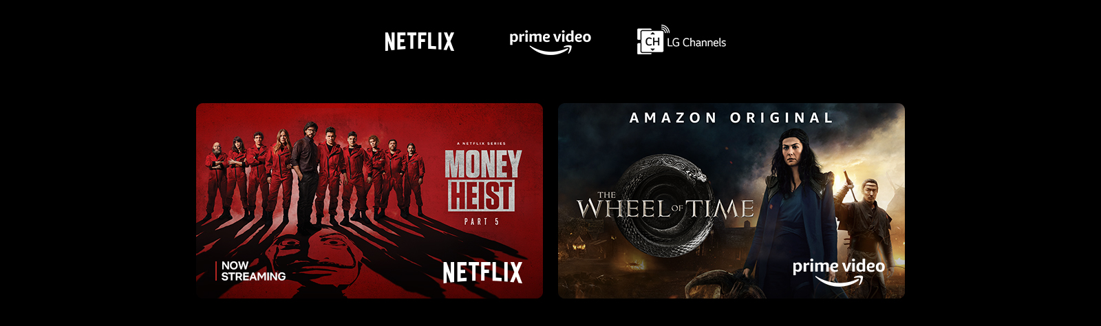 Apple TV Plus에서 볼 수있는 The Wheel of Time de Prime Video의 Boba Fett de Disney Plus의 책인 Netflix의 Money Heist 포스터