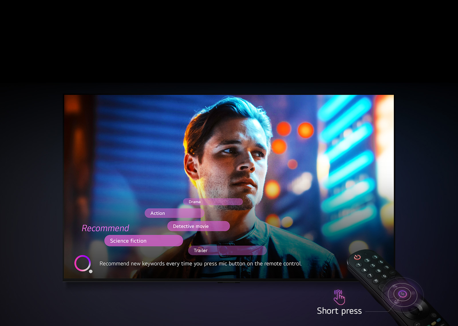 Image d’un téléviseur OLED et d’une télécommande. Le bouton « Micro » de la télécommande s’allume et les recommandations des mots-clés de la recherche vocale s’affichent.
