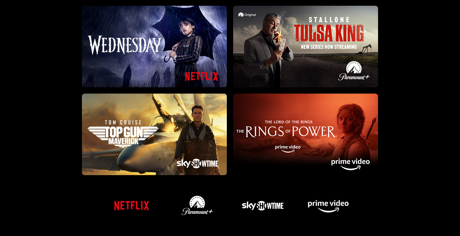 On voit un poster des séries Wednesday de Netflix et The Rings of Power de Prime Video.