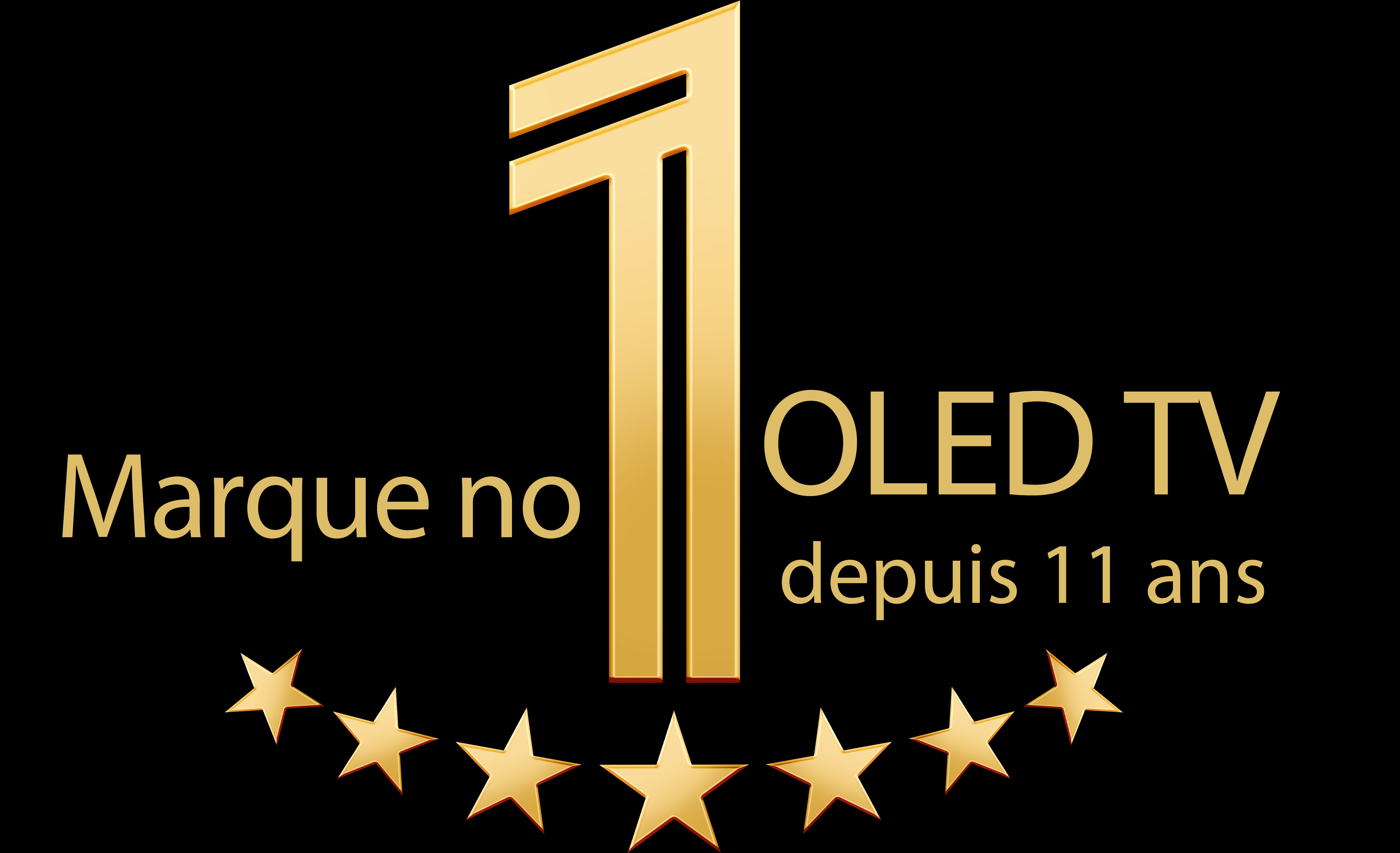 Un emblème doré représentant le numéro 1 mondial des téléviseurs OLED depuis 11 ans sur fond noir. Un projecteur brille sur l'emblème, et des étoiles abstraites dorées remplissent le ciel par dessus.  
